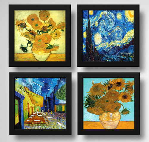 Set 4 Cuadros Van Gogh Obras Noche Estrellada Girasoles 33cm Marco Negro