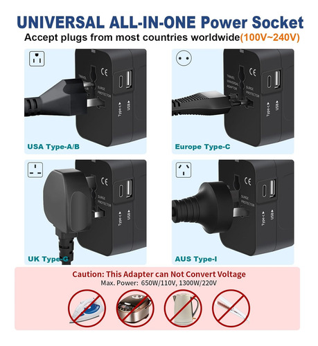 Adaptador De Enchufe Viajero Con Usb + Tipo C Conector Viaje