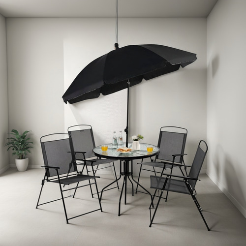 Comedor De Jardín Mesa Redonda Cristal Templado Sillas Tela