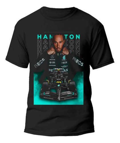 Playera Negra Estampado Formula 1 Hamilton 100% Algodón