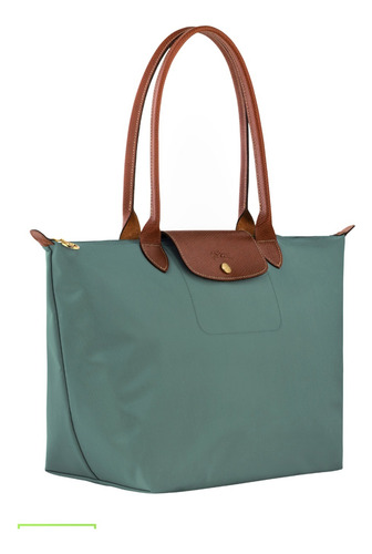 Bolsa Longchamp Le Pliage Verde Eucalipto Grande Verde Lisa Ouro Marrom