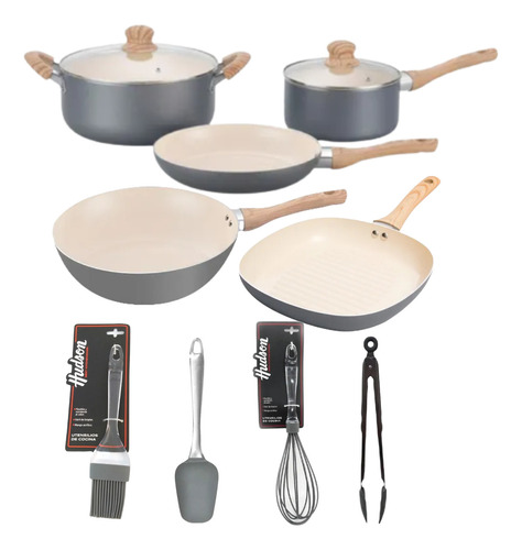 Set Bif Wok Utensilio Crema Hudson Antiadherente Original