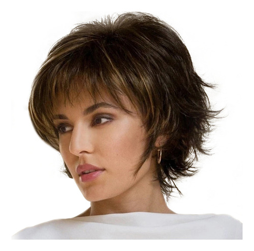 Peruca De Cabelo Curto Em Camadas Onduladas Com Franja - Sin
