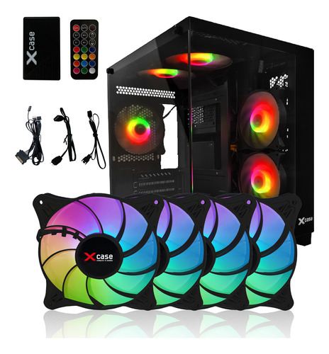 Kit 4 Ventiladores Xcase Gamer Argb Tornado + Hub + Remoto Negro/argb