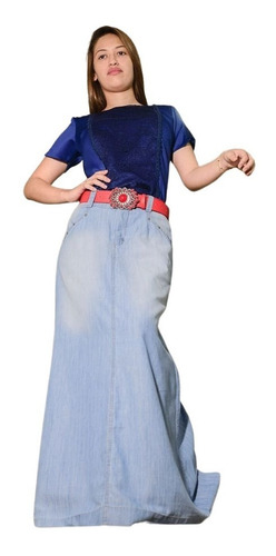 Saia Feminina Longa Jeans Clara Moda Comportada