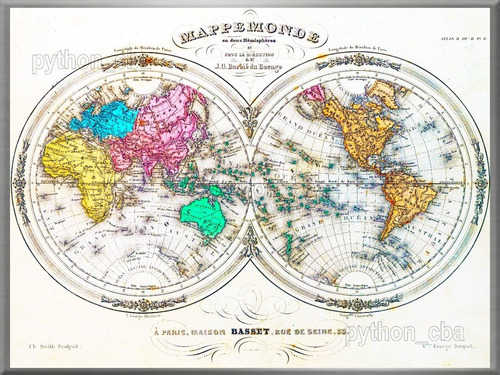 Cuadro Mapa Planisferio Mapamundi - Siglo 19 - Año 1852