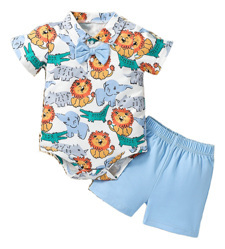 Conjunto Para Niño Camiseta Verde Y Short Estampado Colorido Azul Claro 9-12 M