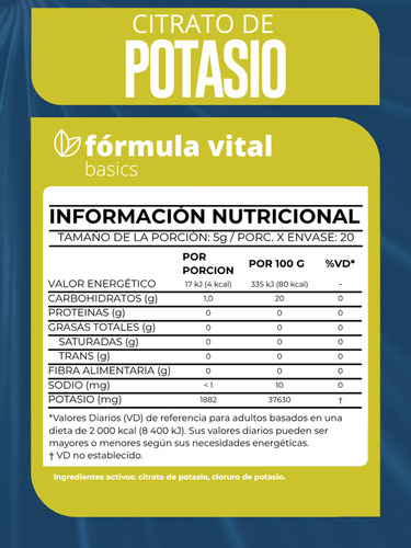Fórmula Vital Potasio 100g | Electrolitos | 1885 Mg/serv Cc Naranja