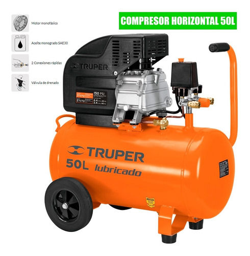 Compresor 50l Lubricado Horizontal 116psi 120v Truper 15007