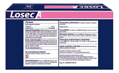 Caja Con 28 Cápsulas Para La Gastritis Y Acidez 20mg C/u Losec A