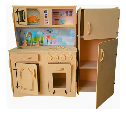 Cocinita Para Niños Con Sticker + Heladera Madera Fibrofacil Color Minichef Fibro