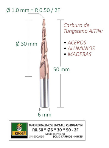 Fresa Cónica Para Grabado En 2d Y 3d R0.5 / Ø 1mm