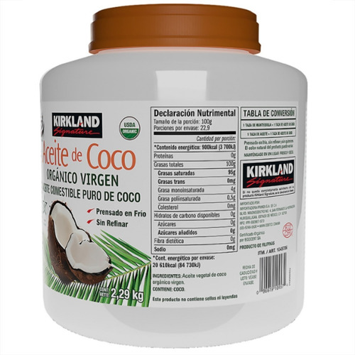 Aceite De Coco Orgánico Virgen, Comestible, Kirkland 2.29 Kg