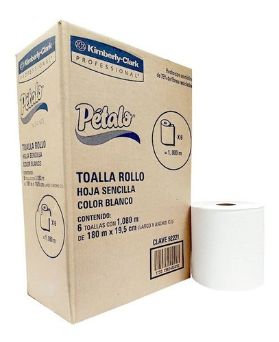 Toalla En Rollo Blanca Petalo De 180 M 1 Caja C/ 6 Bobinas !