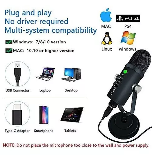 Micrófono USB, micrófono condensador para podcast para computadora, Mac,  Smartphone, micrófono para juegos Plug & Play con silencio rápido LED