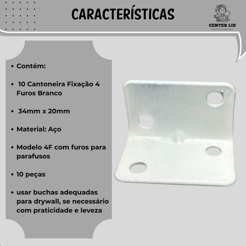 Kit Com 10 Cantoneira De Fixação 4 Furos Branco Móveis