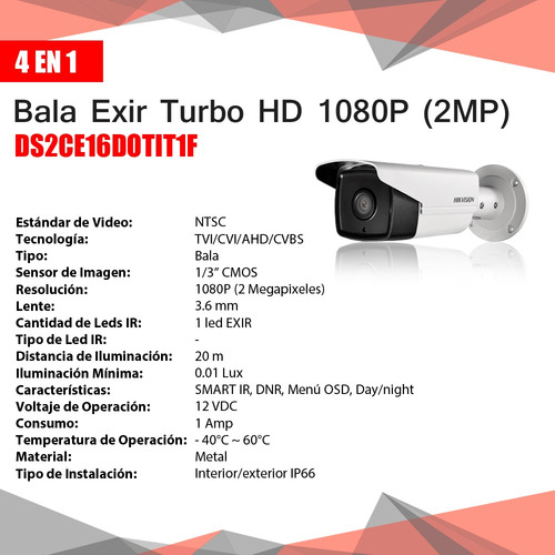 Cámara Turbohd 4en1 Bala Metálica 1080p 2mp - Ds2ce16d0tit3
