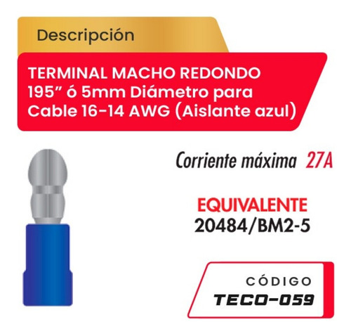 Terminal Macho Redondo 195  Para Cable 16-14awg Teco-059