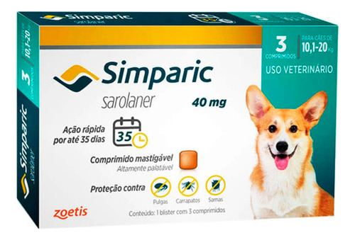 Simparic 40mg Anti Pulga Carrapato Sarna 10 A 20kg 3 Cp