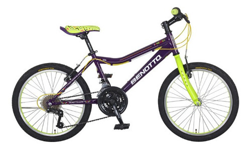 Mountain bike infantil Benotto Montaña Melody R20 Único 21v frenos v-brakes cambios Sunrace color morado/verde claro neón con pie de apoyo