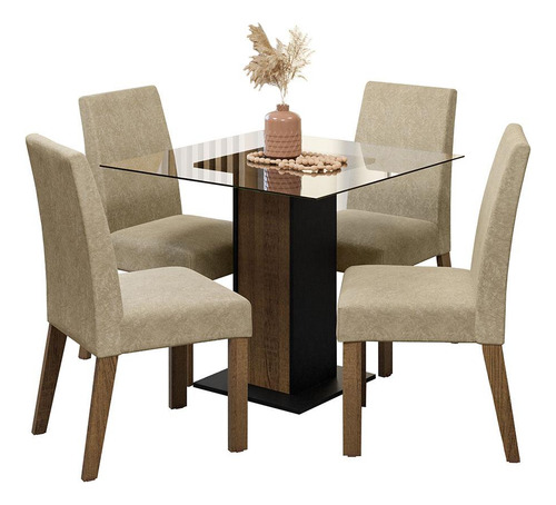 Sala Jantar Mesa Tampo Vidro 4 Cadeiras Ivy Madesa R/p Cor Rustic/Preto/Imperial