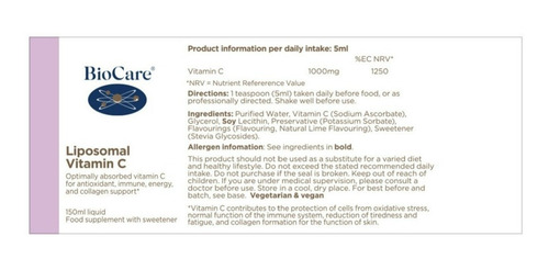 Imagen 2 de 7 de Biocare - Vitamina C Liposomal Líquido 150 Ml