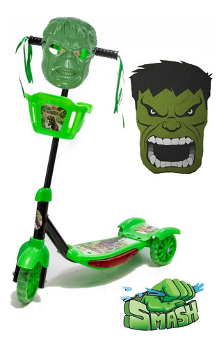 Patinete Infantil De 3 Rodas Dino Com Luz Cesta Som + Hulk