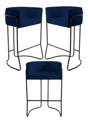 Set de 3 taburetes decorativos con base negra Betina Blue, color terciopelo, color azul oscuro