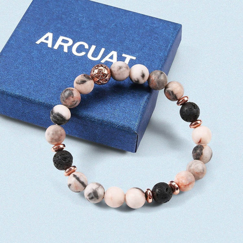 Pulsera De Jaspe De Cebra Rosa Lava Rock, Para Aliviar El Es