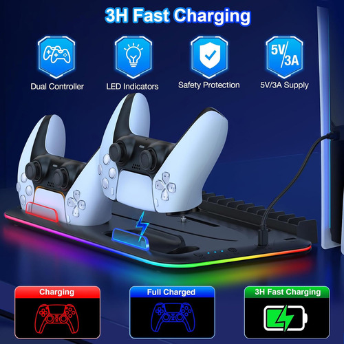 Base de carga Gllai Cooling para mandos de Ps5 con iluminación RGB y ventilador de refrigeración interno compatible con Ps5 y Ps5 Slim White