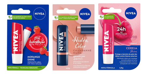 Kit Hidratante Labial Nivea Hidra Color Morango Nude Cereja