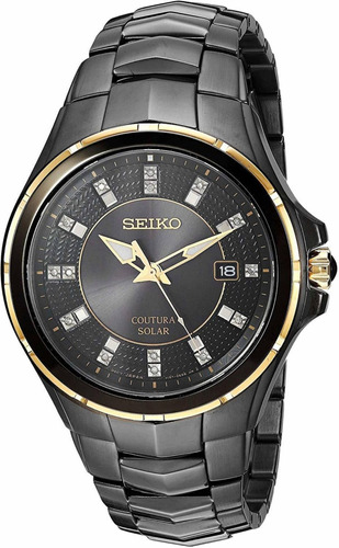 Reloj pulsera Seiko Coutura SNE506 de cuerpo color negro, analógica, para hombre, fondo negro, con correa de acero inoxidable color negro, agujas color oro y blanco, dial plateado, minutero/segundero oro, bisel color negro y oro y desplegable