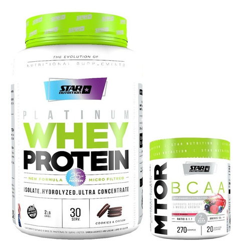 Proteina Whey Star Nutrition 2 Lb + Mtor 270 Gr Sabor Cookies & Cream + Fruit Punch