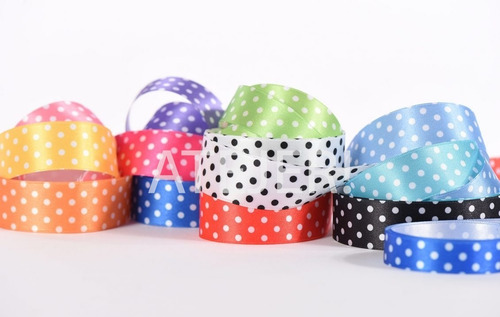 Imagen 2 de 2 de Cinta Fantasía Raso Dots Lunares 25mm Cordón De Oro 10 Mts