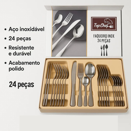 Faqueiro Inox 24 Peças Mesa Completa Design Moderno Inox