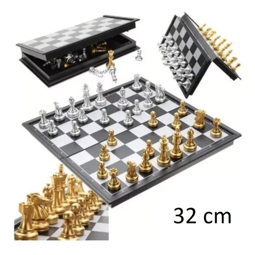 Jogo De Xadrez Magnético Dobrável Prata E Dourado 32cm