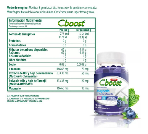 Gomitas Magnesio + L-teanina + Manzanilla 90 Piezas Sabor Blueberry Cboost