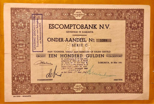 Acción Bancaria Antigua De Indonesia Escomptobank N.v. 1951