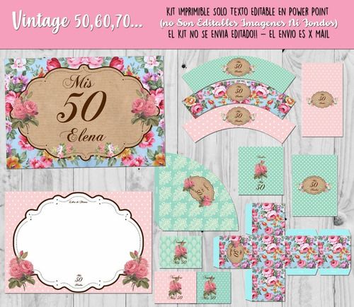 Kit Imprimible Cumple Vintage 50, 60, 70... Textos Editables
