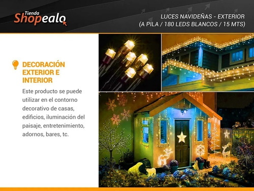 Imagen 3 de 9 de Luces Navidad Exterior A Pila 180 Led Cálido 15 Mts + Cta-*