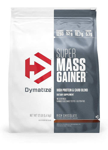 Suplemento en polvo Dymatize Super Mass Gainer carbohidratos sabor rich chocolate en bolsa de 5.4kg