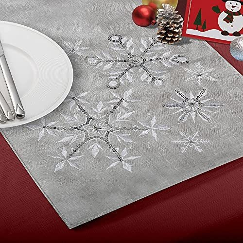 Camino De Mesa Navideño Copo Niev Gris Plateado Cena Navidad