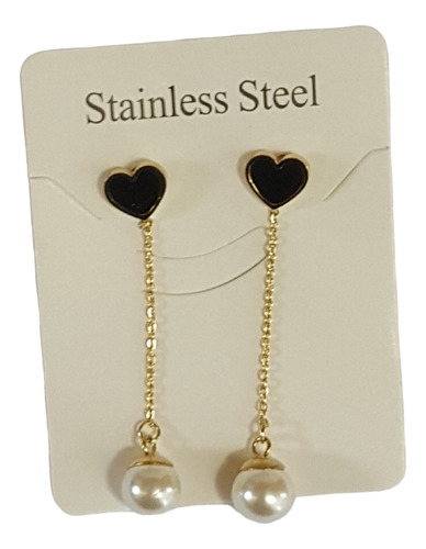 Aretes Largos De Acero Inoxidable Corazón Negro Perla Cadena (Usado)