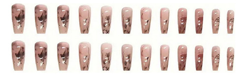 24 Pz Uñas Postizas Trazos Libres Estilo Dark Hojas Negras Rosa Pálido Trazos