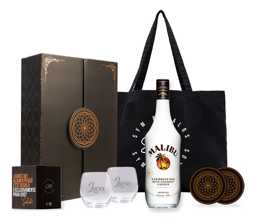 Box Regalo Ron Malibu Con Dos Vasos Transparentes Grabados