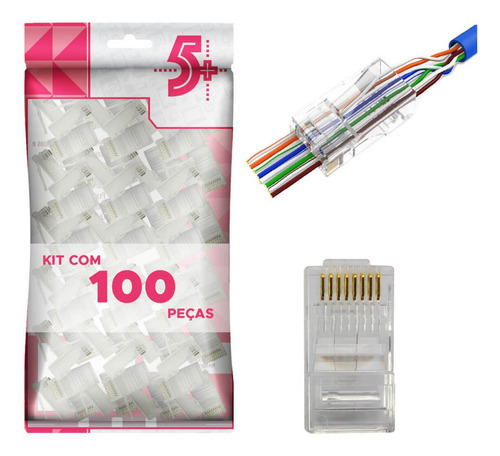 100x Conector Rj45 Cat5e Macho De Passagem 100 Unidades 5