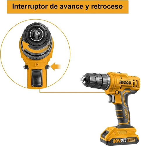 Taladro Atornillador 20 V Ingco Con 2 Baterías Torque 45 Nm Color Amarillo