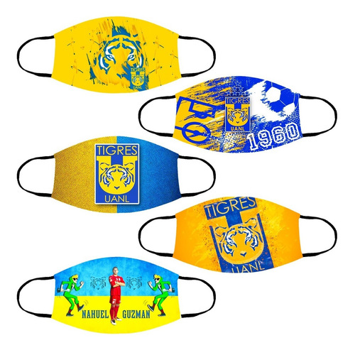 Imagen 1 de 1 de Paquete 5 Cubrebocas Sublimado Tigres Uanl Poliéster Doble