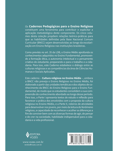 Caderno Pedagógico Para O Ensino Religioso - Cultura Religi, De Junqueira, Sérgio. Editorial Vozes, Capa Mole Em Português