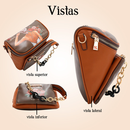 Bolsa Multifuncional Nicole Lee Estampada Blind Date Fw24 Acabado de los herrajes Níquel Color Café Correa de hombro Café Diseño de la tela Piel Vegana